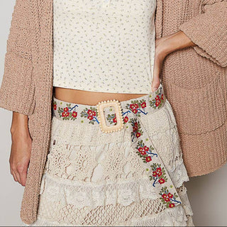 Floral pattern print square buckle belt