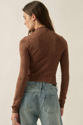 Floral Pointelle & Rib-Knit Fitted Long-Sleeve Mock-Neck Top