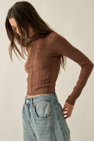 Floral Pointelle & Rib-Knit Fitted Long-Sleeve Mock-Neck Top