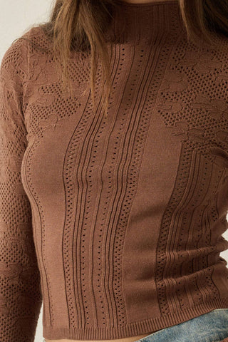 Floral Pointelle & Rib-Knit Fitted Long-Sleeve Mock-Neck Top