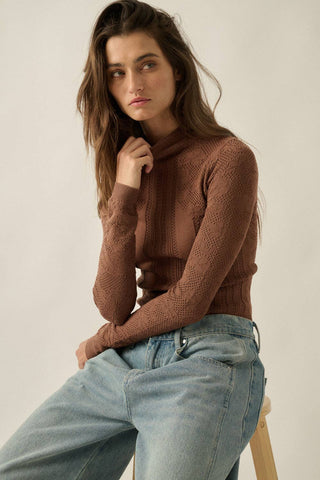 Floral Pointelle & Rib-Knit Fitted Long-Sleeve Mock-Neck Top