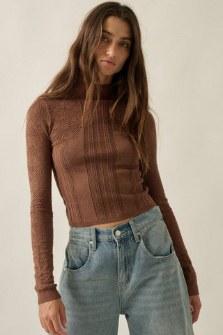 Floral Pointelle & Rib-Knit Fitted Long-Sleeve Mock-Neck Top