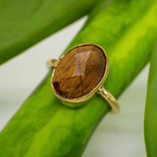 Simple Faceted Tiger Eye Brass Cocktail Ring