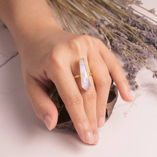 Long Brass Moonstone Bar Ring
